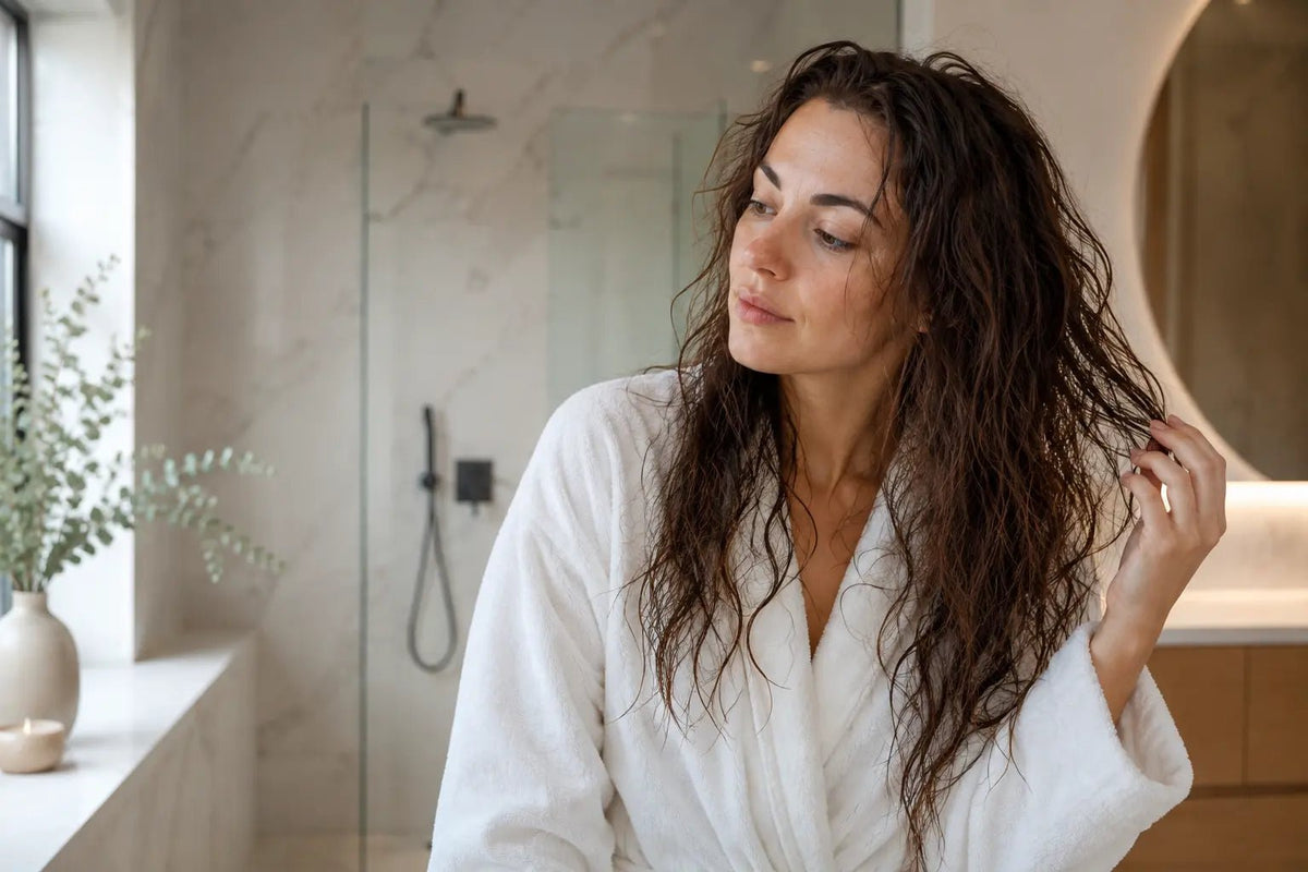 Woman with damp wavy hair in a bright UK bathroom after showering
