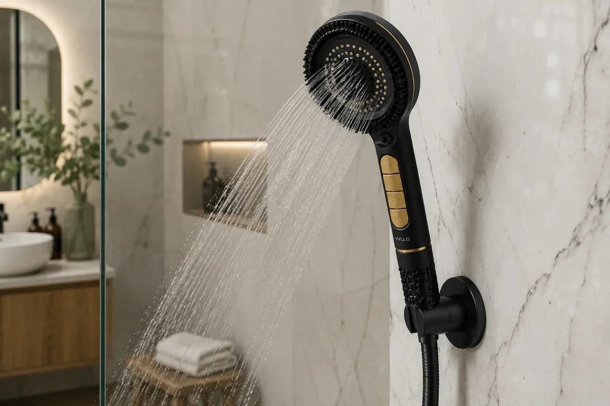 Water flowing from a black handheld shower head in a bright UK bathroom