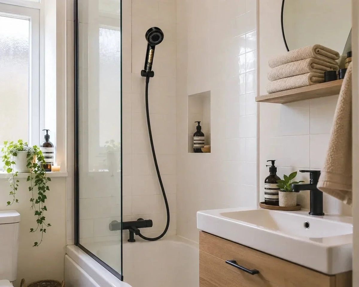 Bright rented bathroom with matte black shower handset, folded towels and a plant