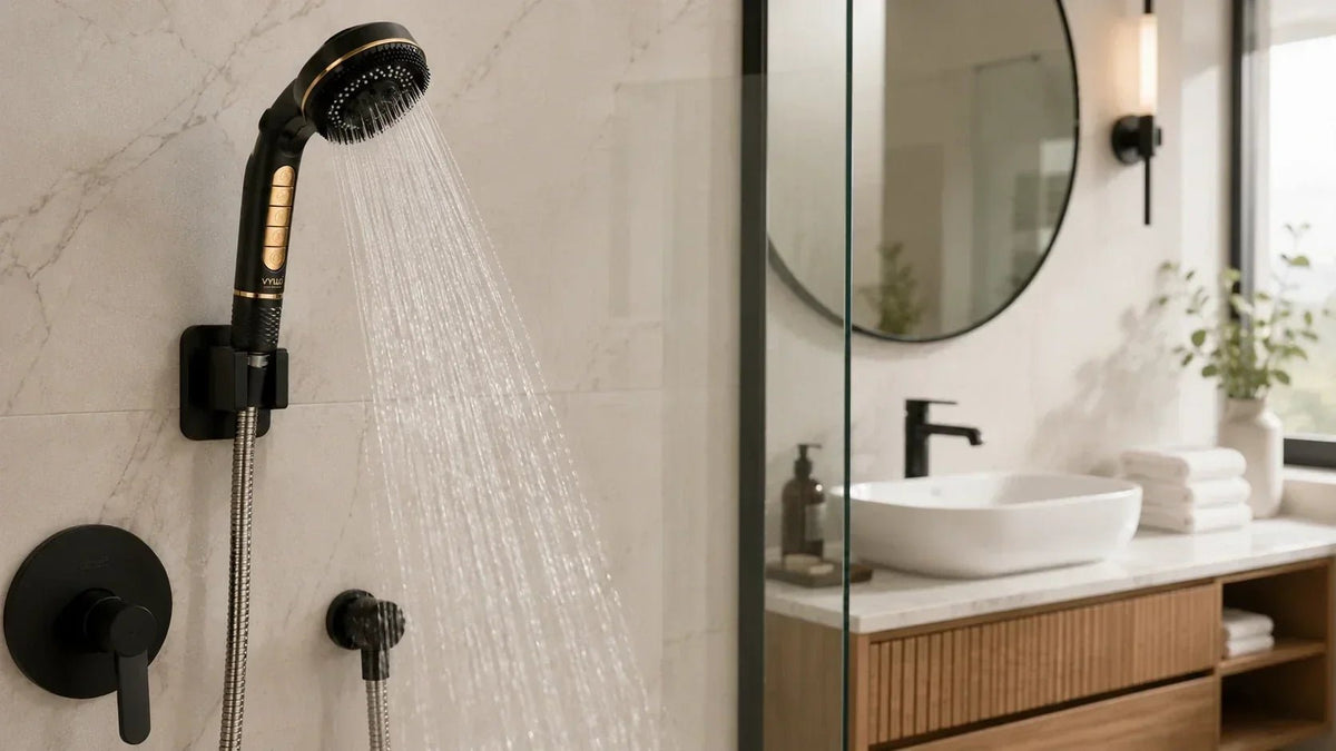 uk.webp Matte black handheld shower filter beside a bathroom tap in a UK home