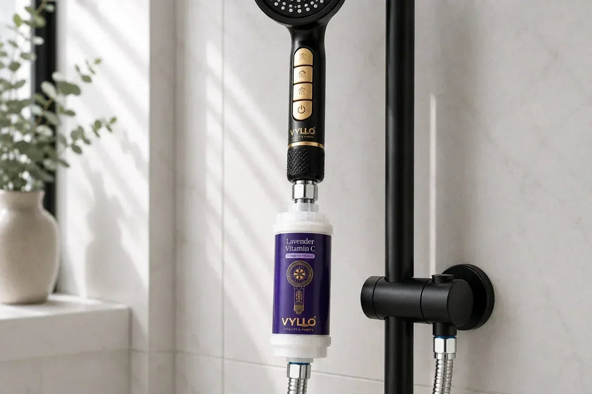 VYLLO inline Lavender Vitamin C gel cartridge fitted to a matte black shower hose
