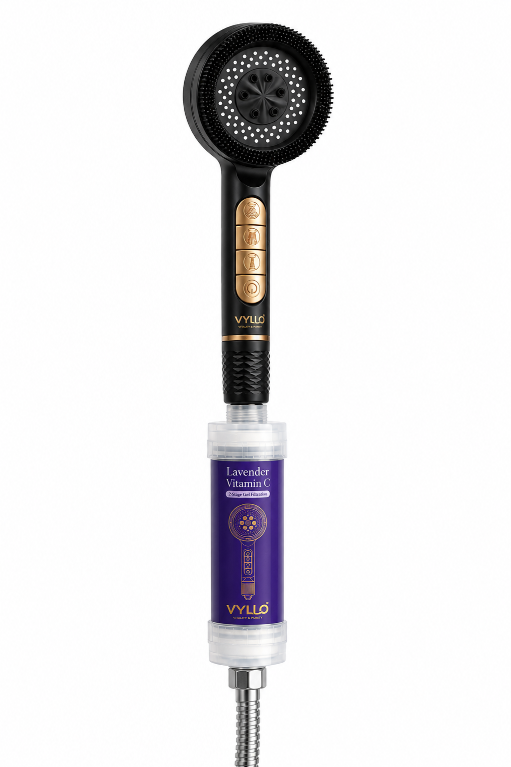 VYLLO Vitamin C Shower System showing wall bracket, handheld shower filter, inline vitamin C filter and hose