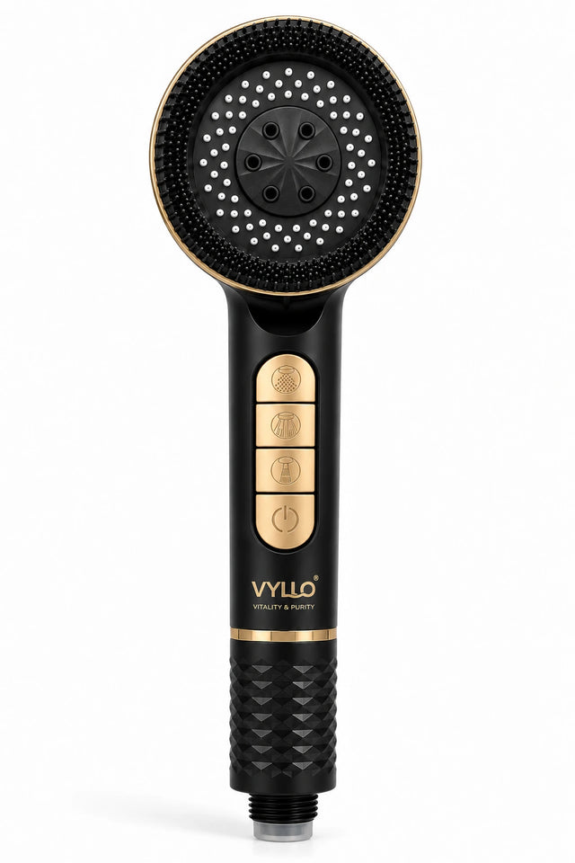 VYLLO matte black handheld shower filter with gold spray mode buttons