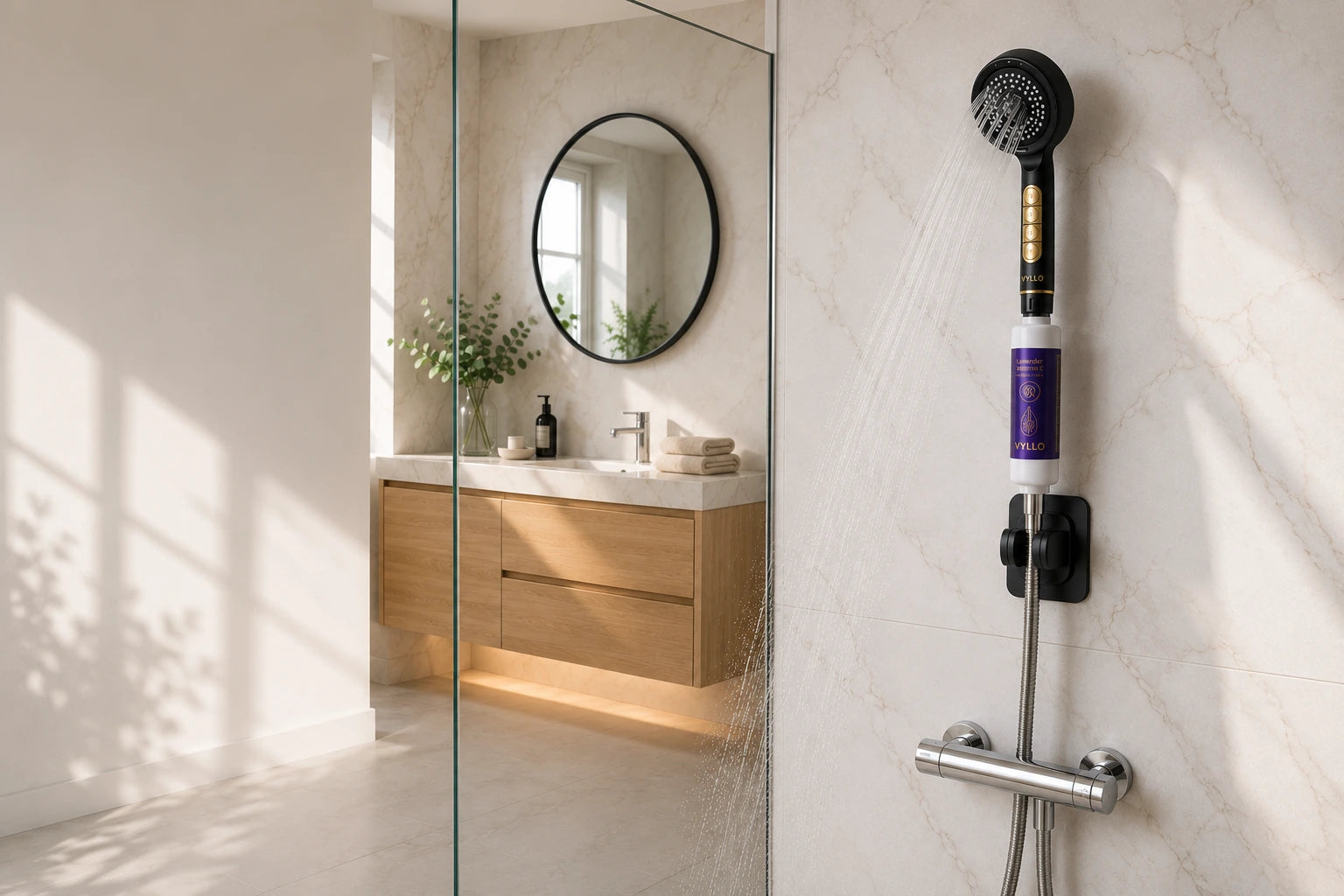 VYLLO Vitamin C Shower System with matte black handheld shower head and lavender vitamin C inline filter in a bright UK bathroom