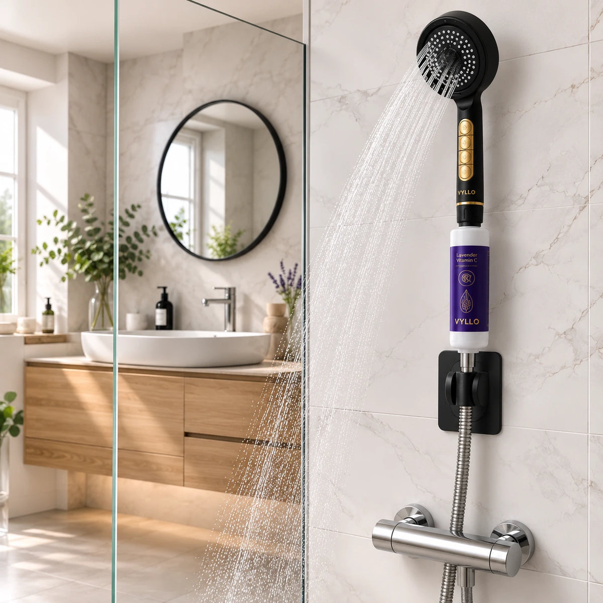Installed VYLLO Vitamin C shower filter system on a UK bathroom wall