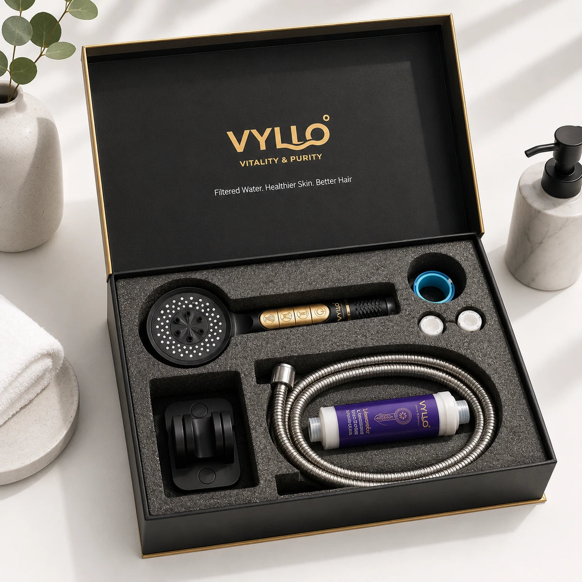 VYLLO Vitamin C shower filter inline cartridge cutaway showing the Lavender wellness blend