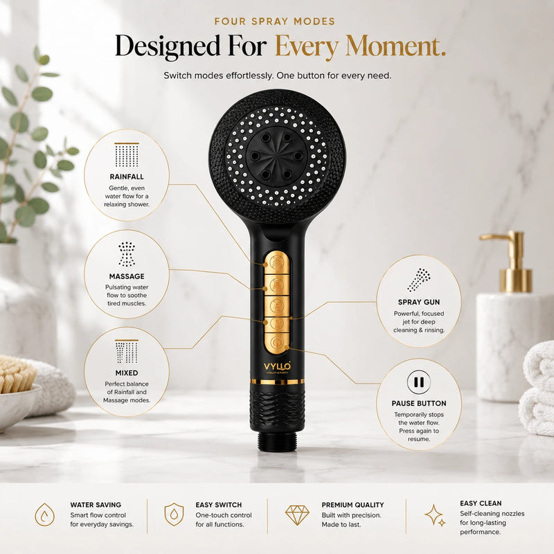 VYLLO high pressure filtered handheld shower head with four spray modes and pause button