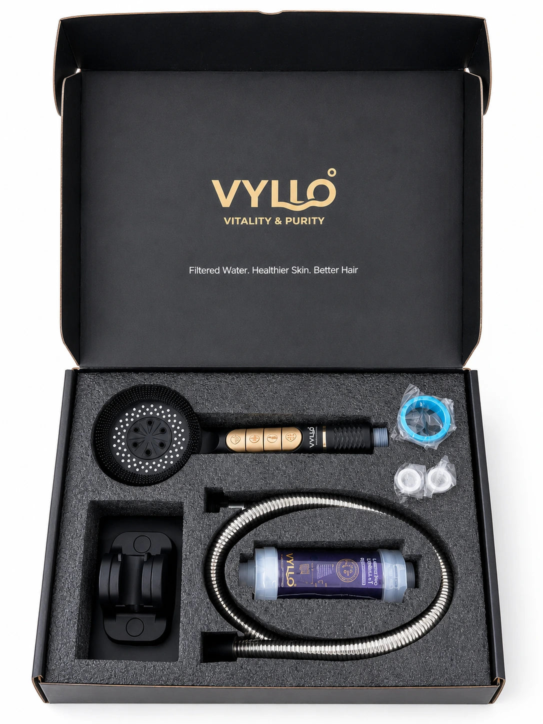 VYLLO Vitamin C Shower Filter Kit open gift box showing all nine included components